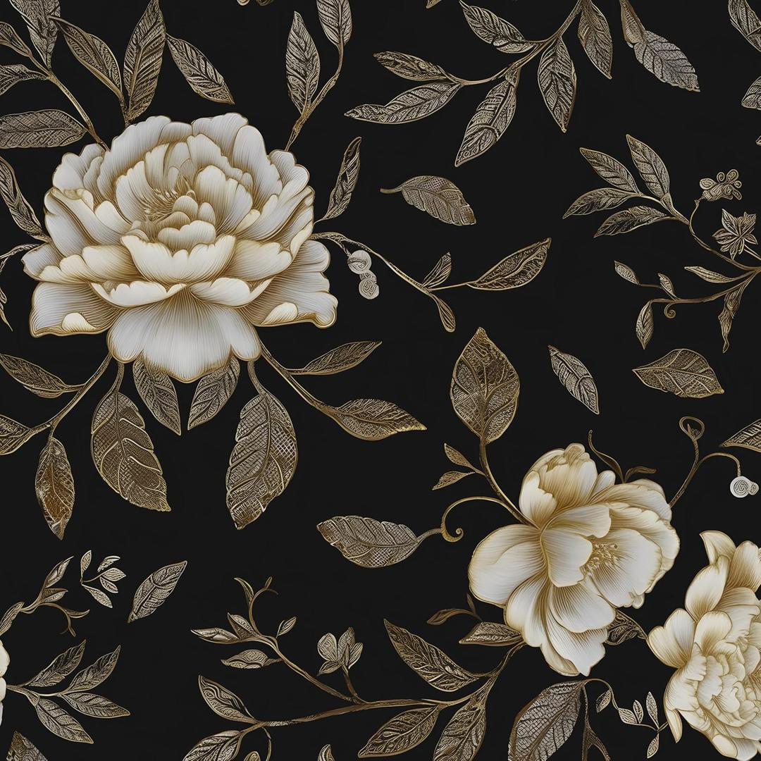 Laatse Floral Wallpaper Peel and Stick, Golden/White Flowers Contact Paper 17.5" x 393.7", Black Botanical Wall Paper Self Adhesive Waterproof Removable for Room Shelves Cabinet Drawer Table Decor