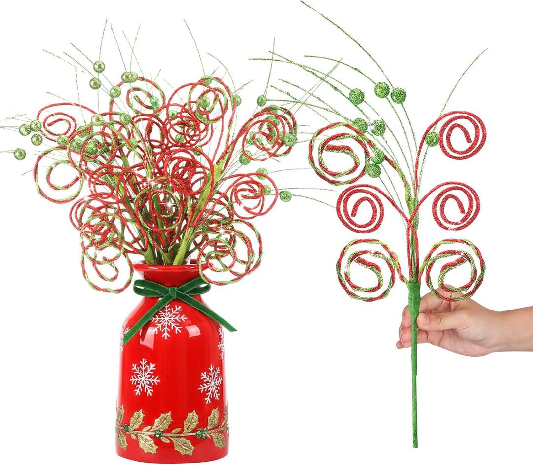 Gejoy 9 Pcs Christmas Tree Picks Sprays 16'' Large Lime Green and Red Glitter Whimsical Picks Artificial Candy Ornaments for Xmas Tree Topper Vase Fillers Christmas Holiday Craft Decor(Twisted)