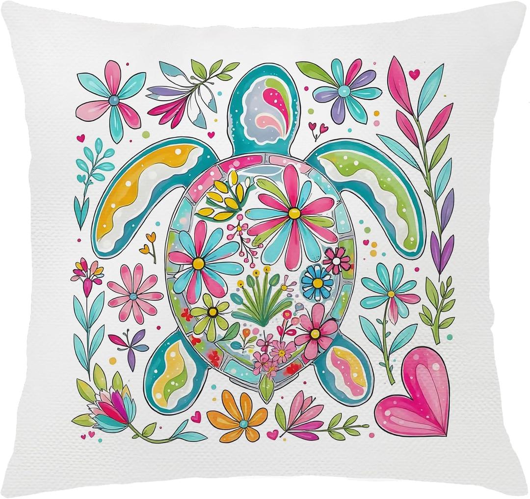 Summer Beach House Sea Turtle Floral Pillows Decorative Throw Pillows Covers 18x18 Decor,Sea Turtle Gifts (Color-3)