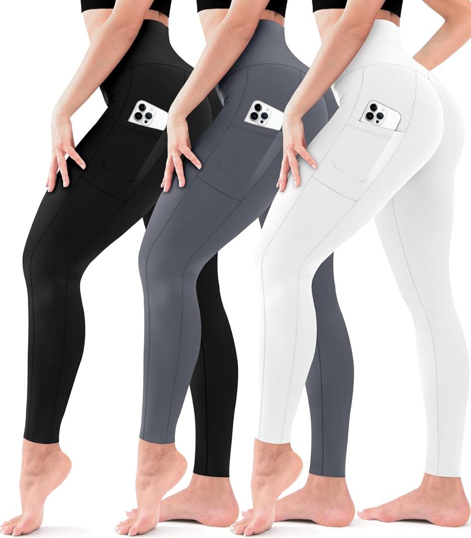 3 Pack Leggings for Women High Waisted - No See Through Tummy Control Cycling Workout Yoga Pants with Pockets Reg & Plus (XL)