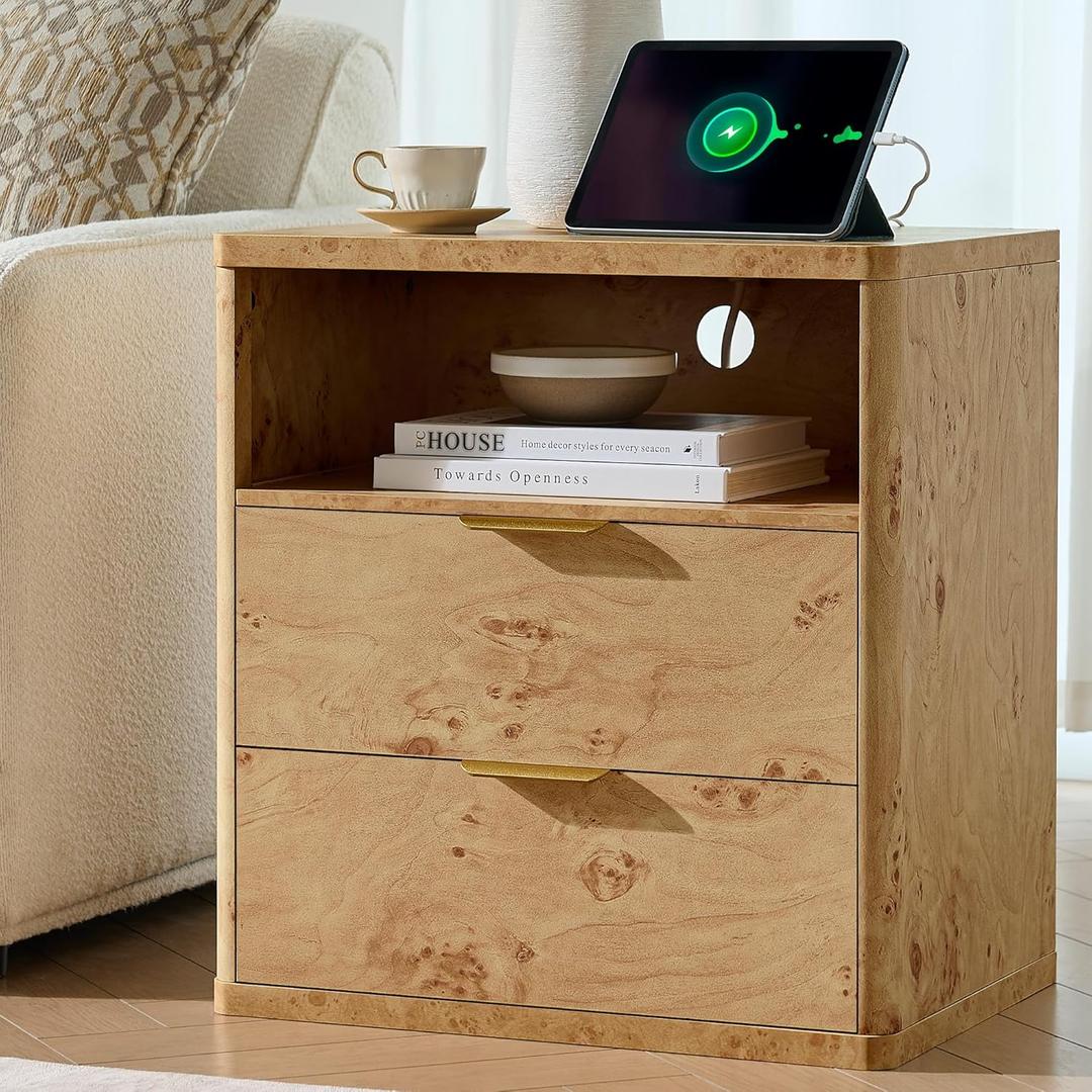 Awescuti Burl Finish Nightstand with Charging Station - Farmhouse Bedside Table with USB & 2 Outlets, Night Stand with Drawer and Large Open Shelf, Vintage Dresser for Bedroom, 2 Drawers