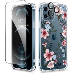 GVIEWIN for iPhone 12&iPhone 12 Pro Case Floral, with Screen Protector&Camera Lens Protector,[Non Yellowing] Soft Shockproof Clear Phone Protective Cover for Women, Flower Pattern 6.1" (Catharanthus/Pink)