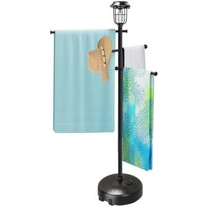 YACONA Sturdy & Solar-Powered Pool Towel Rack Outdoor - Adjustable Towel Racks with Wheels & Lights for Backyards