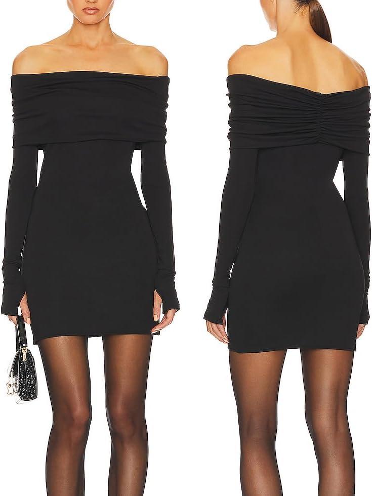 JLCNCUE Women's Off The Shoulder Long Sleeves Bodycon Mini Dress Elegant Ribbed Knit Club Party Short Fitted Dresses 347 (Medium, Black)