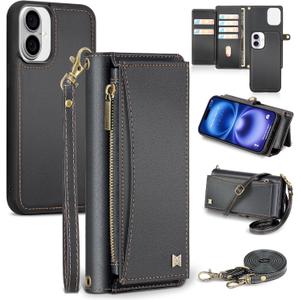Wallet Case for iPhone 16 with Card Holder/Crossbody Wallet/Strap,[RFID Blocking][Magnetic] PU Leather Shockproof Protective Cover iPhone 16 Phone Case,6.1in,Black
