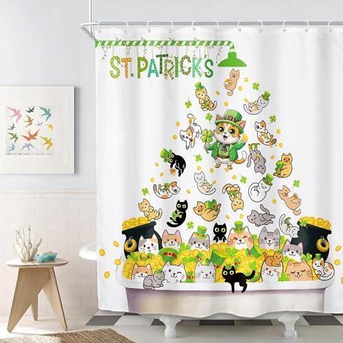 SVBright St. Patrick's Day Shower Curtain 72Wx72L Inch Cat Kids Cute Funny Cartoon Animal Spring Lucky Shamrock Clover Leaves Gold Coin 12 Pack Hooks Polyester Waterproof Fabric Bathroom Bathtub Panel