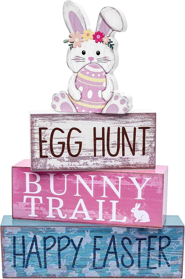 Easter Tiered Tray Table Decorations, Wooden Bunny Block Signs with 4 Piece Set, Gifts Cute Bunny Centerpiece for Farmhouse Holy Week Party Home Kitchen Office