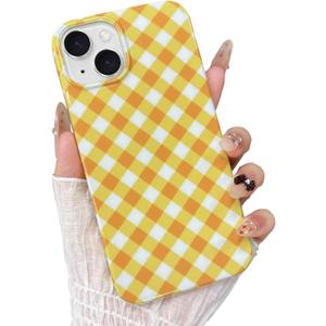 for iPhone 14 Case, Cute Gingham Pattern Aesthetic Phone Case, Stylish Shockproof Soft TPU Phone Cover for Women Girls, Light Yellow