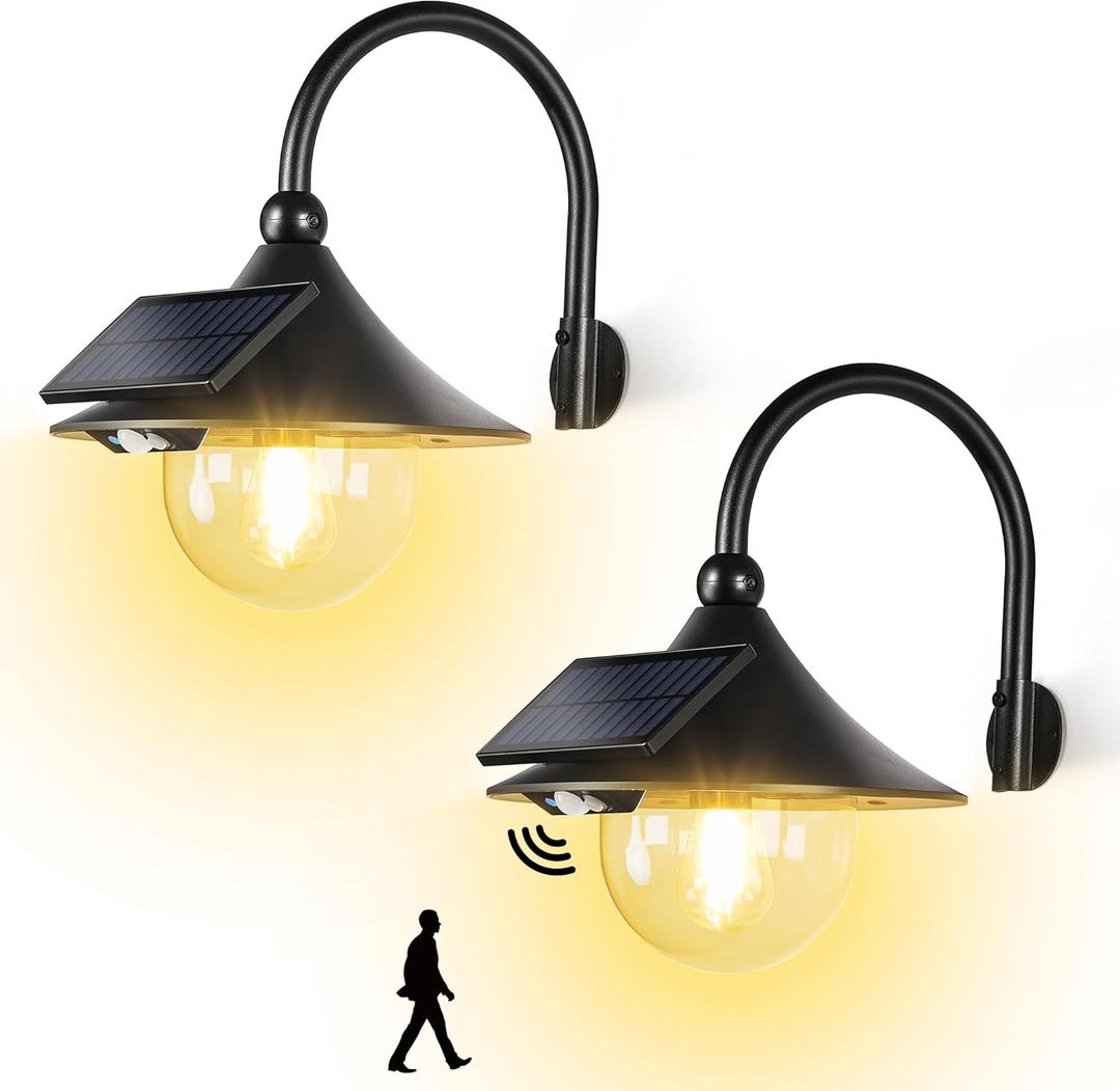 LUHLEE Solar Barn Light with Motion Sensor, Gooseneck Outdoor Solar Powered Lights for Garage, Shed, Chicken Coop, Warm White Waterproof Farmhouse Wall Light (2 Pack)