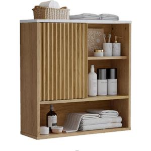 Bathroom Cabinet Wall Mounted Fluted, Modern Medicine Cabinet Over The Toilet Storage Cabinet Faux Marble Top with Adjustable Shelf, Wood Wall Mounted Storage Cabinet Organizer(Oak, Medium)