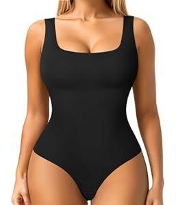 Nebility Womens' Waist Trainer Seamless Round Neck Tummy Control Shapewear Bodysuit (Black Thong Bodysuit, XS/ S)