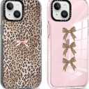 2 Pack Cute Cheetah Print Phone Case for iPhone 13 / iPhone 14 Pink Bow Case 6.1", Clear Coquette Fashion Luxury Leopard Pattern Design Girls Women Funda Shockproof Soft TPU Protection Cover