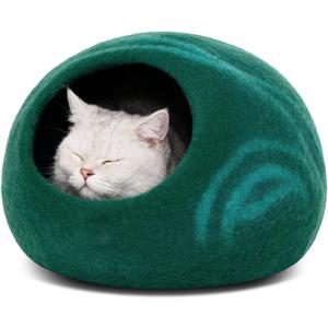 MEOWFIA Cat Cave  Premium Felt Cat Bed for Indoor Cats, Handmade 100% Merino Wool (Dark Shades) (Large, Emerald)