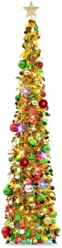 N&T NIETING Pop Up Christmas Tree with Lights & 40 Balls, 6Ft Collapsible Gold Mix Tinsel Tree Decorations for Holiday Home Office Decor, Gold