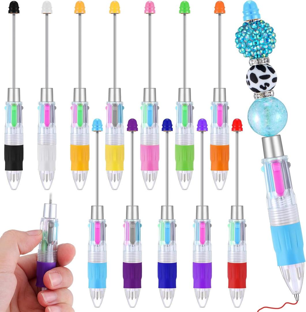 Skyygemm 12 Pcs Back to School Multicolor Beadable Pens 4 in 1 Colored Beads DIY DIY Retractable Ballpoint Pens for Classroom Teacher Gift Making Kit(Multicolor)