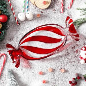 Christmas Candy Glass Plate, Christmas Theme Serving Tray for Holiday Desserts, Cookies & Candy Display, Festive Party Bowl, Red XMAS Decorations Long 9.2x4.3 Inch
