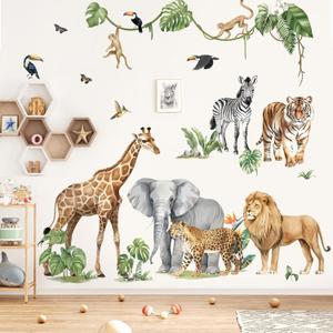 decalmile Large Animals Safari Elephant Giraffe Wall Decals Jungle Animals Lion Leopard Zebra Wall Stickers Baby Nursery Kids Room Wall Decor(XXL)
