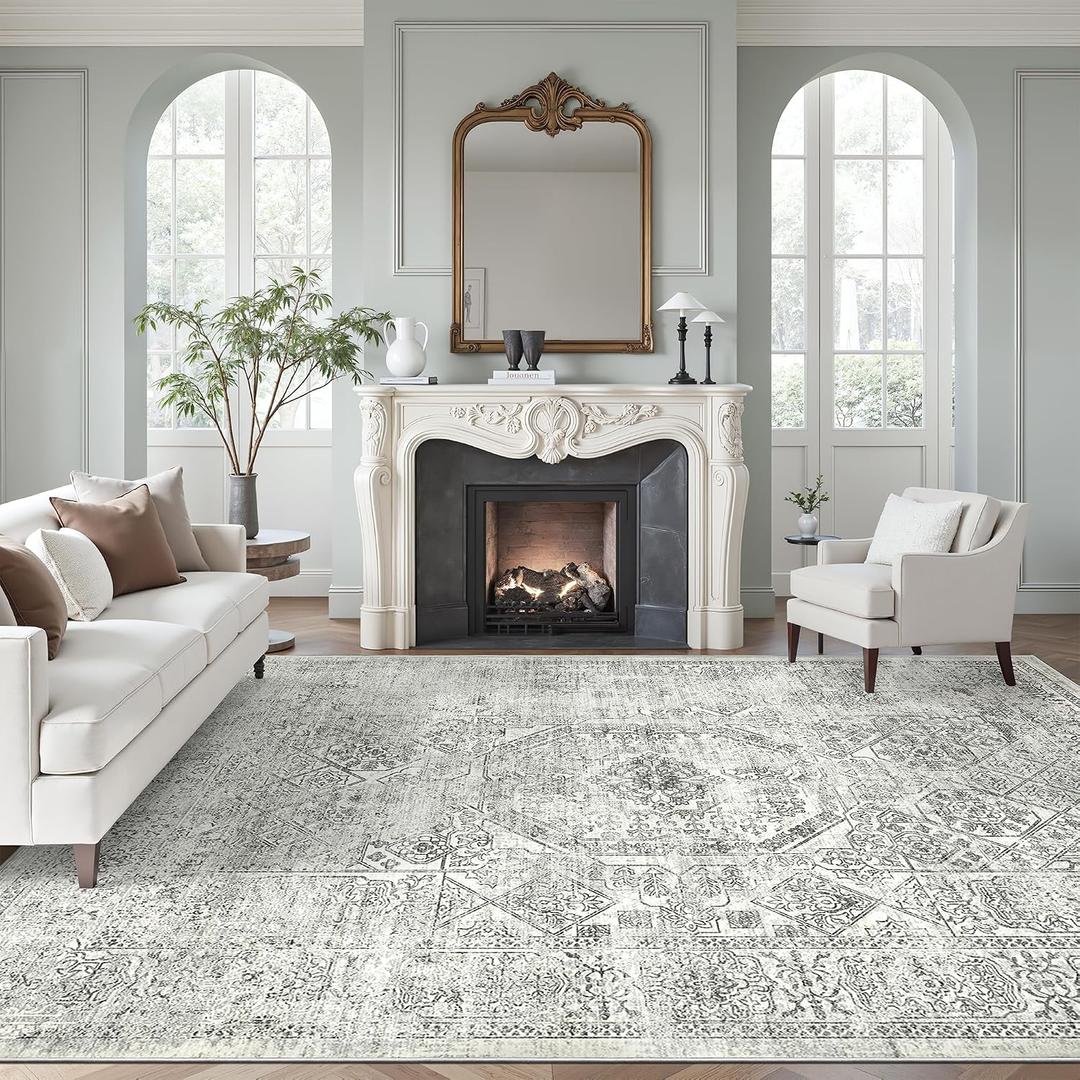 Soalmost Washable Area Rug 8x10, Gray Soft Rug for Living Room Vintage 8x10 Area Rugs for Bedroom Dining Room Floral Non-Slip Thin Grey Rug