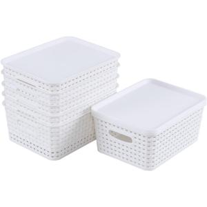 Hespama 6 Packs Lidded Storage Baskets, Plastic Desktop Organizer Baskets, White