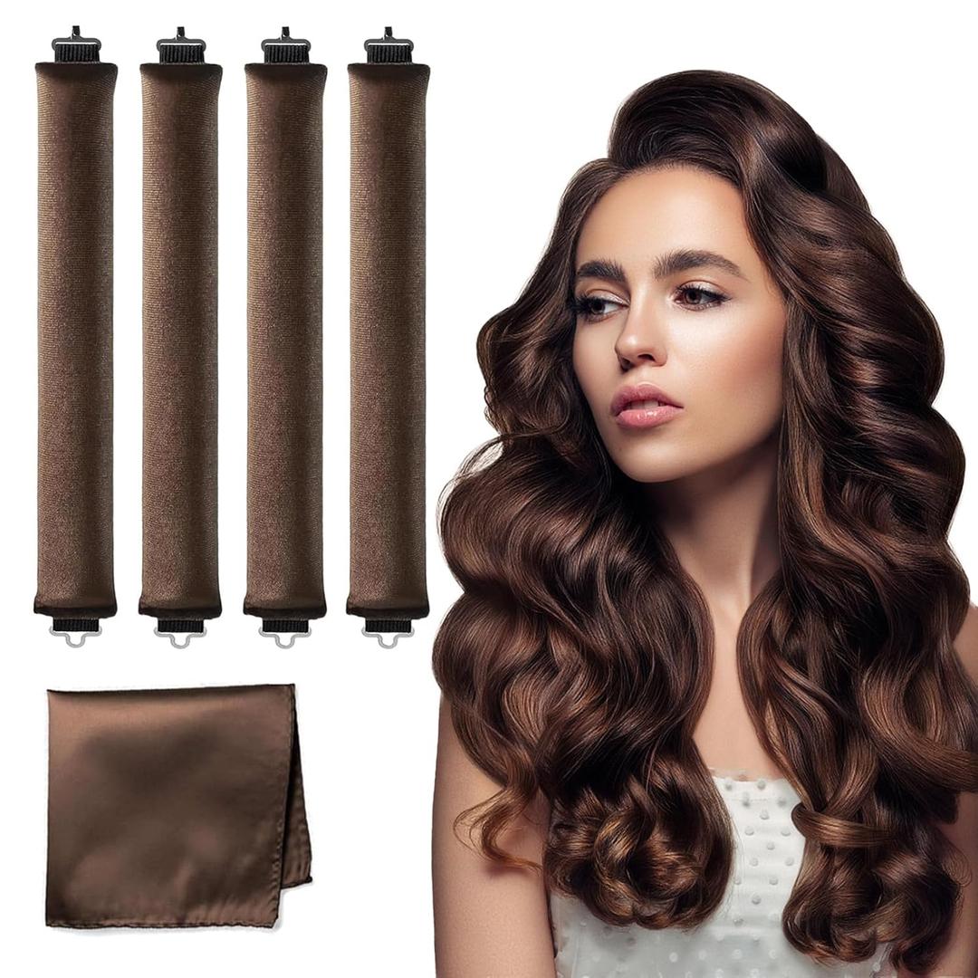 Heatless Hair Curler Velvet, Heatless Curls Overnight Hair Curlers to Sleep in, Overnight Rods Heatless Curls for Short Long Hair All Hair Types Styling Tools-4PCS Brown