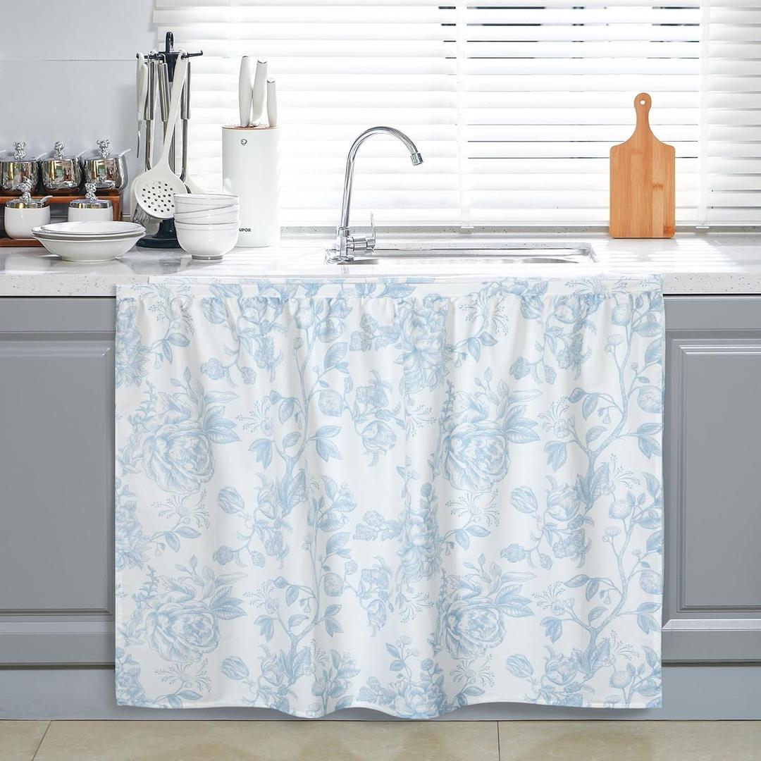 VitalCozy Cabinet Curtains 34" W x 34" L Sink Skirt for Bathroom Kitchen Blue Flower Floral Cabinet Curtains for Classroom Home Farmhouse Rustic Drape Under Desk Privacy Drape for Laundry Room