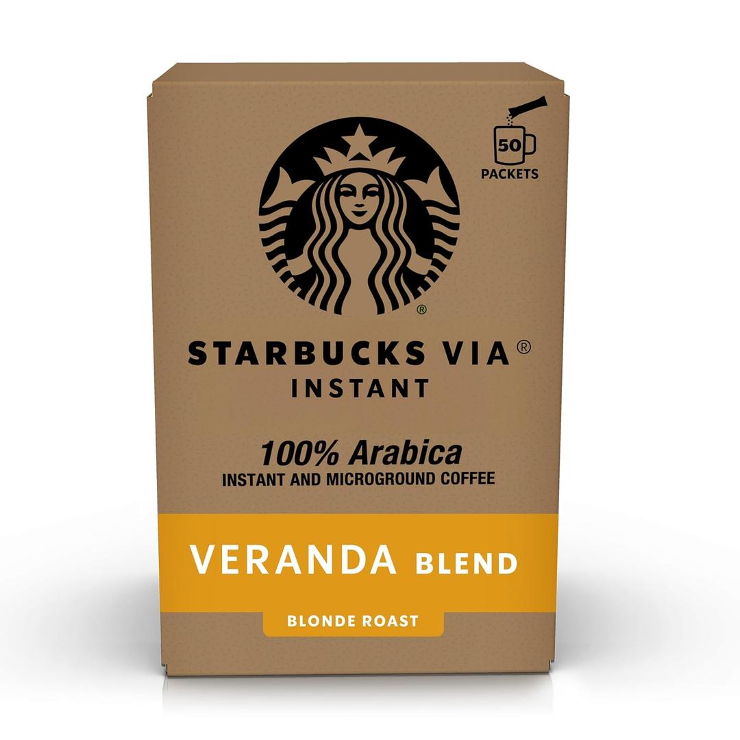 Starbucks VIA Instant Coffee, Light Roast Coffee, Veranda Blend, 100% Arabica, Single-Serve, 1 Box (50 Packets) (EXP 03/13/27)