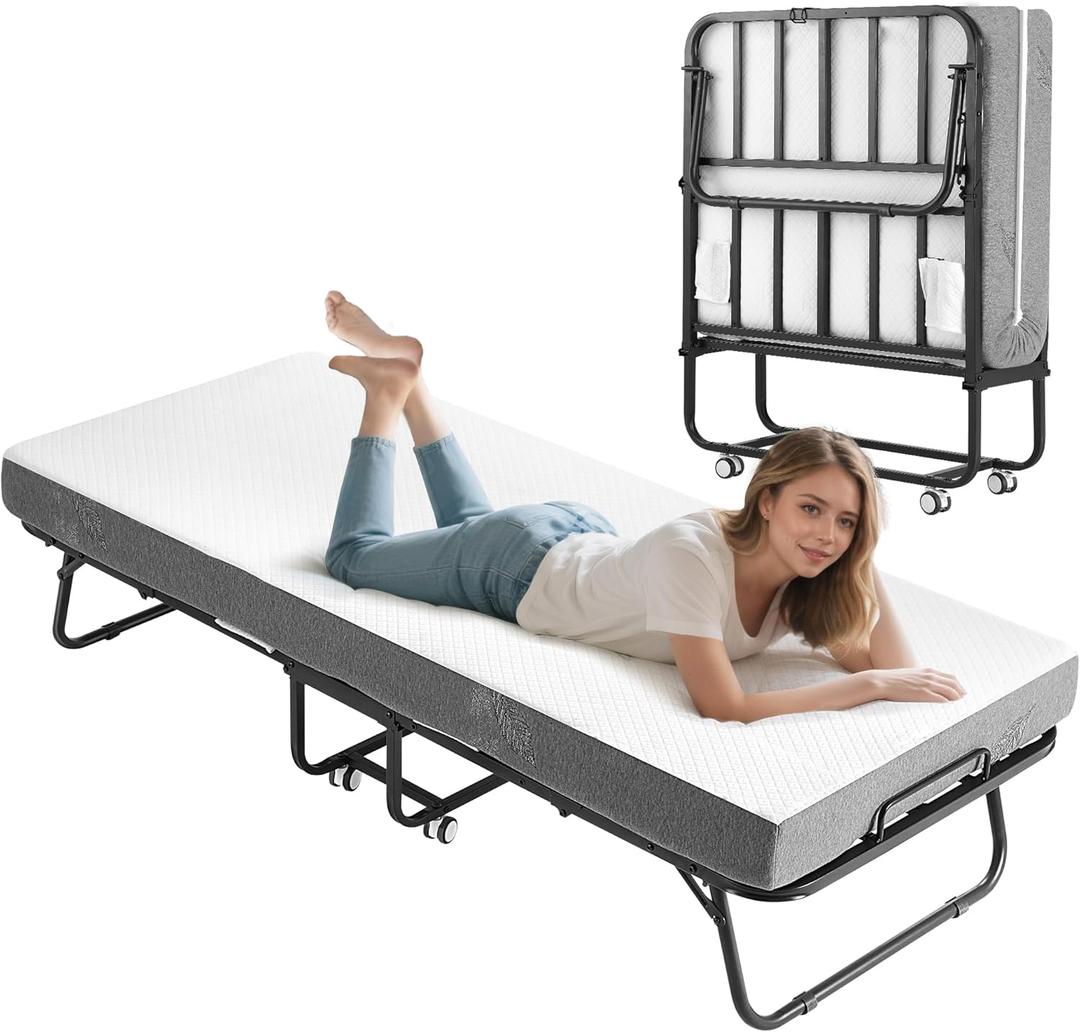 Folding Bed with Foam Mattress, Single Rollaway Bed for Guests, Space Saving Portable Beds with Lockable Wheels, 75" x 31" Twin Size Metal Bed Frame, Easy Assembly & MovingWhite
