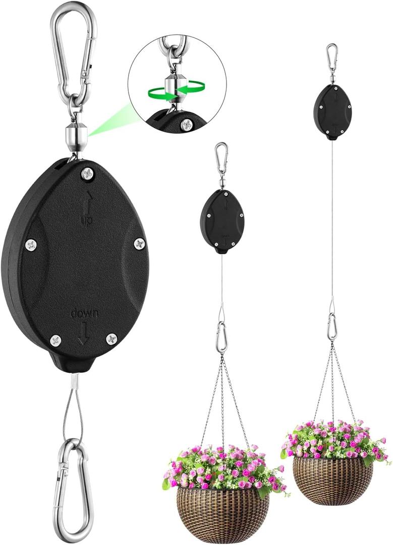 1 Pack Heavy Duty Retractable Plant Hangers, Adjustable Pull-Down Pulleys with 63" Stainless Steel Rope, Double Hooks for Hanging Plants, Bird Feeders, Planters & Pots, Indoor & Outdoor Use