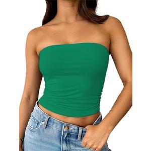 ForeFair Women Strapless Tube Tops Double Lined Ruched Backless Bandeau Going Out Top Basic Tank Tops, XS