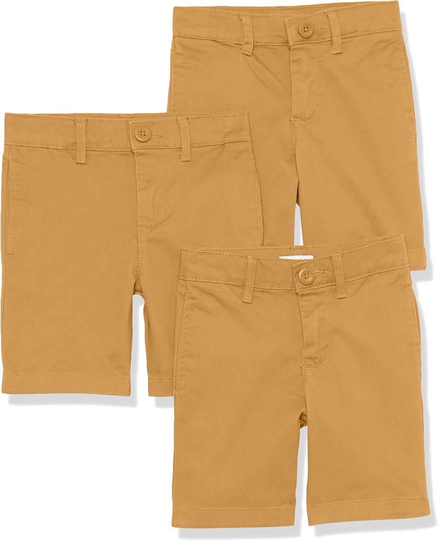 Amazon Essentials Boys and Toddlers' Uniform Woven Flat-Front Shorts (Wrinkle Resistant), Pack of 3 (5, Dark Khaki Brown)