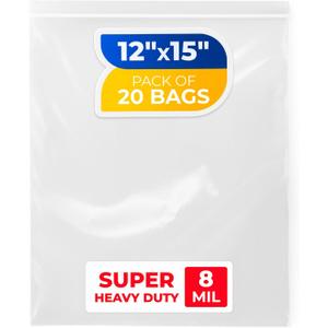 Large 12" x 15" Reclosable Poly Zip Seal Lock Bag 8 Mil Thickness, 20 Clear Resealable Bags with Extra Durability, Waterproof Heavy Duty Bags