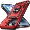 Janmitta Case for iPhone 16 Plus Phone Cover Built in Slide Camera Lens Cover+Screen Protector,Heavy Duty Shockproof Full Body PhoneCase with Finger Ring Holder Kickstand,Red