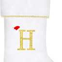 20 Inches Initial Monogram White Christmas Stocking, Personalized Large Embroidered Letter Velvet Christmas Stocking with Gold Trim Decoration for Family Christmas Holiday Party Decor(Letter H)