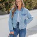 luvamia Jean Jacket Women Trendy Texture Distressed Button Down Long Sleeves Casual Trucker Denim Jackets with Pockets (Blue), S