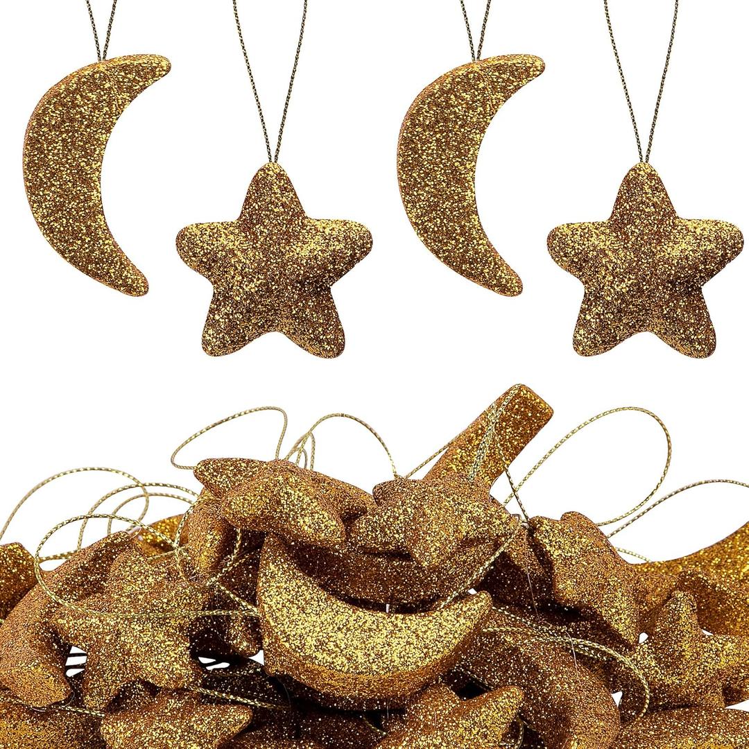 Deloky 40 Pcs Glitter Eid Mubarak Ornaments, Gold Moon Star Hanging Ramadan Tree Ornaments, Shining Ramadan Kareem Moon Star Pendant Decorations for Islamic Muslim Festival Party Home Decor