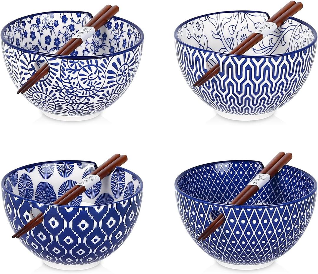 Selamica Ceramic Ramen Bowls Set, 15 OZ Noodle Bowls for Kitchen with Chopsticks, Deep Soup Bowls for Japanese Ramen Udon Soba, Microwave Dishwasher Safe, Set of 4, Vintage Blue
