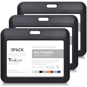 Teskyer 3 Pack Sliding ID Badge Holder, Heavy Duty Plastic ID Card Protector Case for Office School Badge Credit Cards Proximity Cards Driver’s Licenses and Passes, Horizontal Black