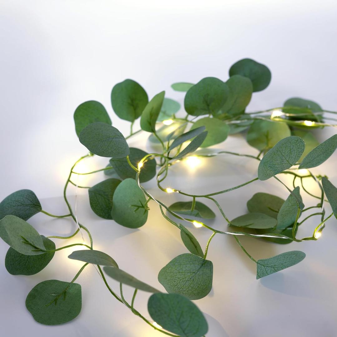 Artificial Eucalyptus Leaves Foliage String Lights 6.6Ft 20 LED Fairy Leaf Lights Warm White Greenery Vines Garland and Table Runner, Battery Operated Wedding Backdrop Wall Decor