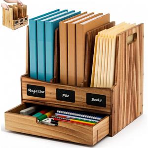 Wood File Organizer for Desk, 3-Section Vertical Folder Holder with Drawer, Upright Binder Rack Stand with Chalkboard Label, Tabletop Magazine Document Sorter for Office Home