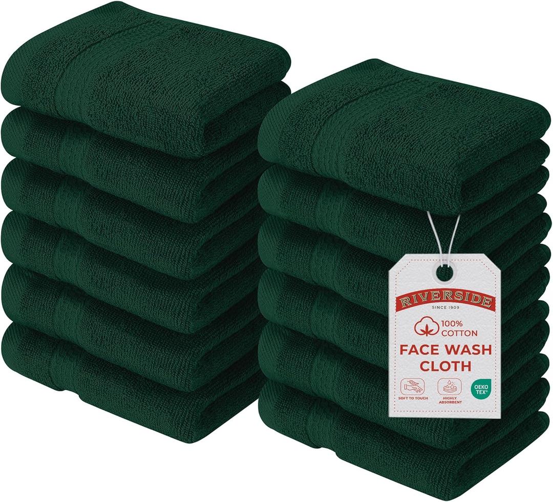 RIVERSIDE 12 Pack Premium 100% Cotton Face Wash Cloths, 12 x 12 Inches, Soft & Absorbent Face Towels for Bathroom Wash Clothes, 550 GSM, Luxury WashCloths for Showering, Body, Spa & Gym, Hunter Green