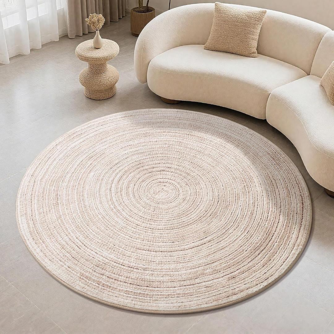 Carvapet 5 ft Round Washable Rug, Imitation Jute Low Pile Circle Carpet with Non Slip Rubber Backing, Foldable Stain Resistant Area Rug for Living Room Bedroom Office Bathroom