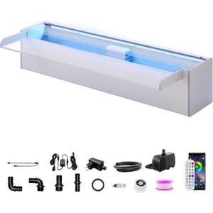 LONGRUN Waterfall Spillway, APP Control Multi-Color LED Light Outdoor Pool Fountain, Acrylic Water Spillway Koi Pond Waterfalls Fountains Kit for Garden Patio Swimming Pool Decoration-23.6"
