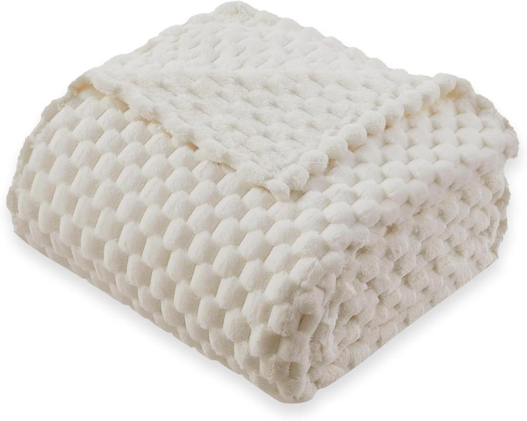 Super Soft Fleece Twin Blanket 50x70 Inches for Couch, Premium Silky with 3D Imitation Turtle Shell Jacquard Decorative Blankets, Lightweight and Cozy for Sofa.Ivory (Beige)