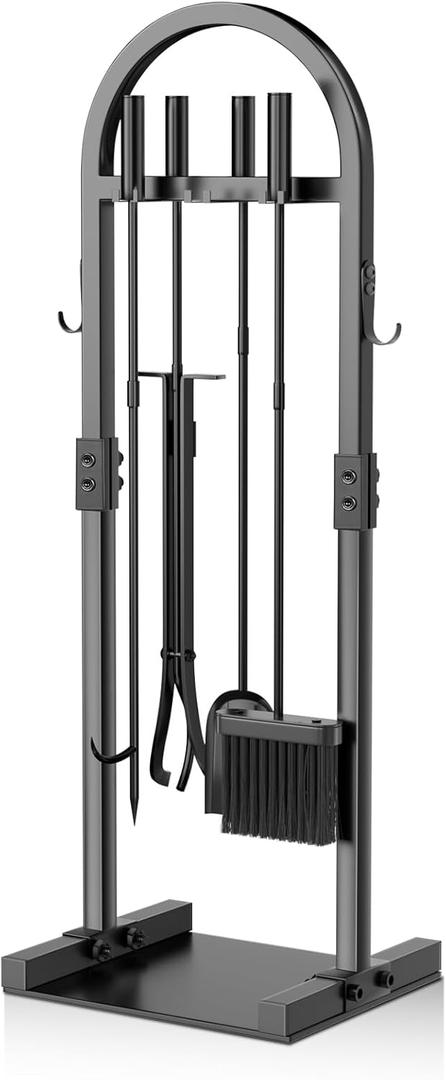 FUQUN Fireplace Tools Set, 5 PCS Heavy Duty Sturdy Fire Place Poker Set with Stand, Wrought Iron Style Hearth Accessories for Indoor/Outdoor Wood Stove Fire Pit 