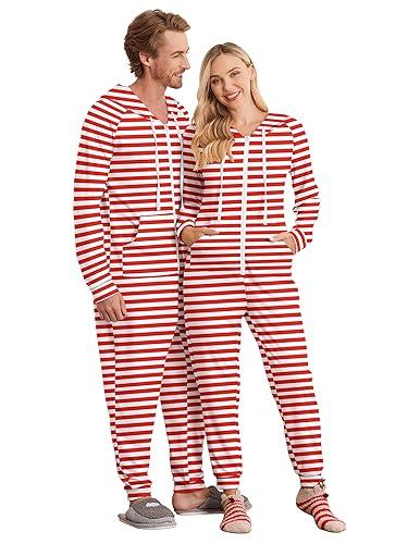 Ekouaer Christmas Onesie for Couples Zipper Hooded Adult Matching Onesie Pajamas with Pockets Women Red White Stripes Small