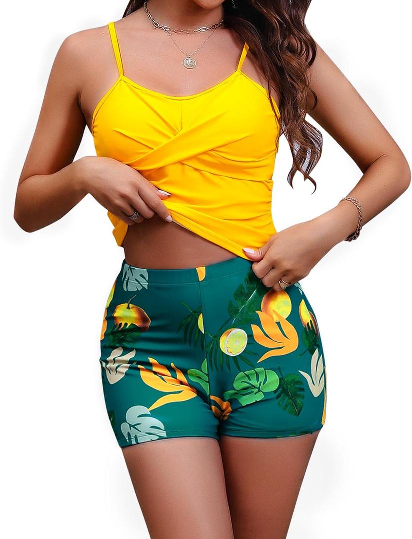 ETOSELL Women's Tankini Swimsuits Two Piece Tummy Control Bathing Suits Cutout Tank Top with Printed Boyshorts (M, Yellow)