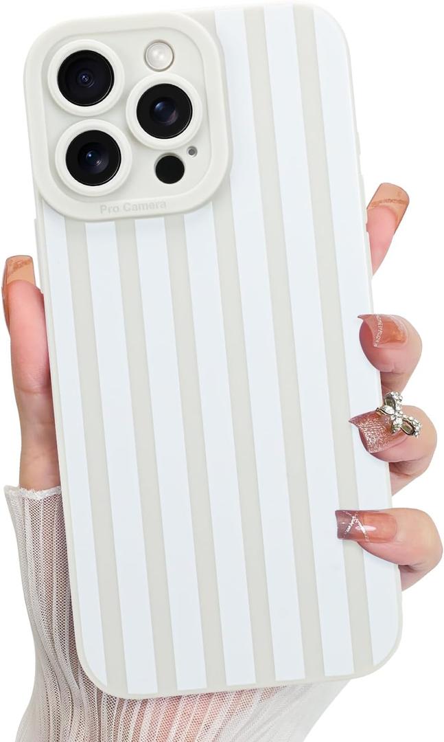 KANGHAR Compatible with iPhone 15 Pro Case, Silicone Stripes Cute Pattern, Camera Protection Soft Slim Phone Case for Phone Case -White