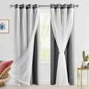 Hiasan Grey Blackout Curtains with Sheer Overlay, Grommet Thermal Insulated Privacy Mix & Match Double Layer Room Darkening Curtains for Bedroom, Living Room, 2 Window Panels with Tiebacks, 52W X 84L