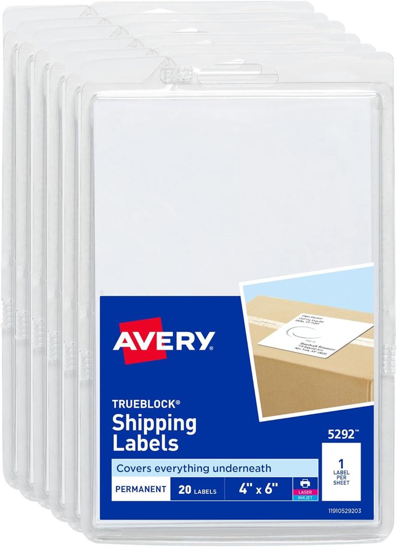 Avery Shipping Labels with TrueBlock Technology, 4" x 6", White, Permanent, 6 Packs for 120 Labels Total (45292)