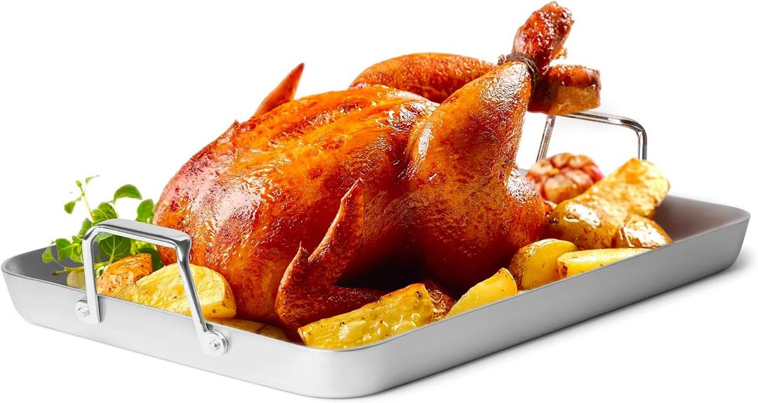 Misen Stainless Steel Roasting Pan with Handles - Versatile 5-Ply Design, Easy Grip Handles, Multi-Functional Cooking, Ideal for Baking, Searing, & Roasting, Superior Heat Conduction, Premium - 18"